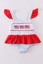 Load image into Gallery viewer, Patriotic plaid flag embroidery one-piece girl swimsuit
