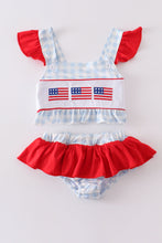 Load image into Gallery viewer, Patriotic plaid flag embroidery 2pc girl swimsuit
