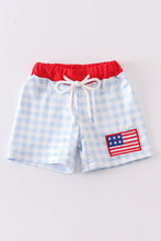 Load image into Gallery viewer, Patriotic plaid flag embroidery boy swim trunks
