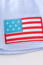 Load image into Gallery viewer, Seersucker patriotic flag applique boy swim trunks
