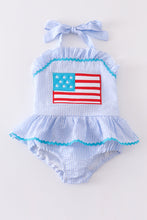 Load image into Gallery viewer, Blue patriotic flag applique seersucker one-piece girl swimsuit
