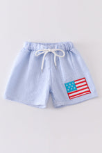 Load image into Gallery viewer, Blue patriotic flag applique seersucker boy swim trunks
