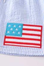 Load image into Gallery viewer, Blue patriotic flag applique seersucker boy swim trunks
