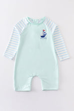 Load image into Gallery viewer, Mint sailboat embroidery boy one-piece rashguard swimsuit
