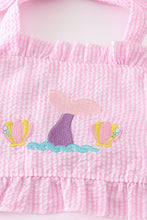 Load image into Gallery viewer, Pink seersucker mermaid embroidery 2pc girl swimsuit
