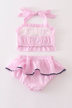 Load image into Gallery viewer, Pink seersucker mermaid embroidery 2pc girl swimsuit
