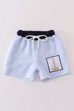 Load image into Gallery viewer, Blue seersucker sailboat embroidery boy swim trunks
