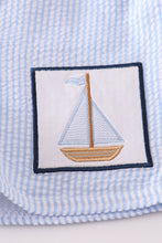 Load image into Gallery viewer, Blue seersucker sailboat embroidery boy swim trunks
