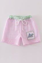 Load image into Gallery viewer, Pink seersucker shark embroidery boy swim trunks
