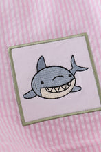 Load image into Gallery viewer, Pink seersucker shark embroidery boy swim trunks
