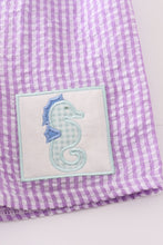 Load image into Gallery viewer, Purple seersucker seahorse embroidery boy swim trunks
