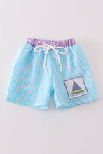 Load image into Gallery viewer, Green seersucker sailboat embroidery boy swim trunks
