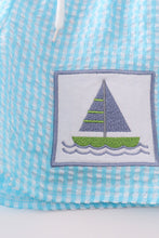 Load image into Gallery viewer, Green seersucker sailboat embroidery boy swim trunks
