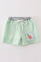 Load image into Gallery viewer, Green seersucker turtle embroidery boy swim trunks
