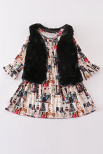 Load image into Gallery viewer, Fur vest music fan print dress set
