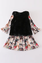 Load image into Gallery viewer, Fur vest music fan print dress set
