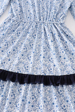 Load image into Gallery viewer, Blue floral print tiered mom ruffle dress
