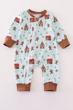 Load image into Gallery viewer, Blue christmas gingerbread boy zip romper
