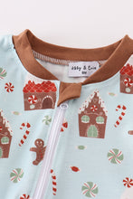 Load image into Gallery viewer, Blue christmas gingerbread boy zip romper
