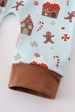 Load image into Gallery viewer, Blue christmas gingerbread boy zip romper
