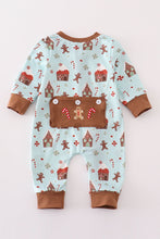 Load image into Gallery viewer, Blue christmas gingerbread boy zip romper
