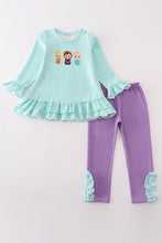 Load image into Gallery viewer, Green stripe princess embroidery girl set
