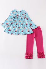 Load image into Gallery viewer, Blue princess embroidery ruffle girl set
