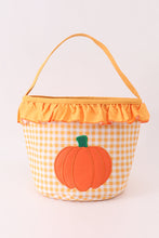 Load image into Gallery viewer, Pumpkin applique checkered ruffle candy bucket
