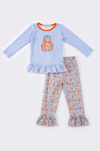 Load image into Gallery viewer, Blue stripe pumpkin applique girl set
