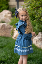 Load image into Gallery viewer, Blue Embroidered Ruffle Dress
