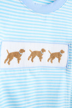 Load image into Gallery viewer, Blue puppy hand smocked boy stripe top
