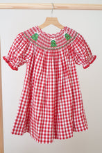 Load image into Gallery viewer, Red christmas tree hand smocked gingham dress
