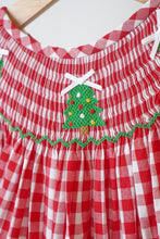 Load image into Gallery viewer, Red christmas tree hand smocked gingham dress
