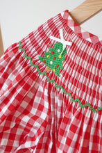 Load image into Gallery viewer, Red christmas tree hand smocked gingham dress
