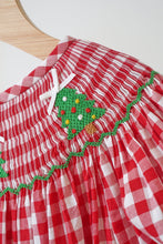 Load image into Gallery viewer, Red christmas tree hand smocked gingham dress
