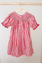 Load image into Gallery viewer, Red christmas tree hand smocked gingham dress
