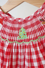 Load image into Gallery viewer, Red chrismtas santa tree reindeer hand smocked gingham romper
