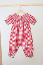 Load image into Gallery viewer, Red chrismtas santa tree reindeer hand smocked gingham romper
