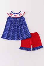 Load image into Gallery viewer, Blue patriotic flag applique dot girl set
