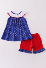 Load image into Gallery viewer, Blue patriotic flag applique dot girl set
