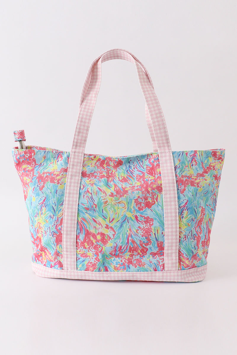 Green floral plaid tote bag