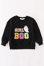 Load image into Gallery viewer, Black halloween MOM&amp;GIRL BOO chenille patch top
