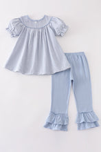 Load image into Gallery viewer, Blue gingham pumpkin embroidery girl set
