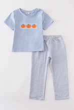 Load image into Gallery viewer, Blue gingham pumpkin embroidery boy set
