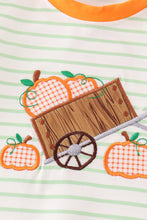 Load image into Gallery viewer, Orange wheelbarrow pumpkin applique boy romper
