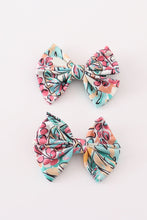 Load image into Gallery viewer, Teal floral print piggie hair bow
