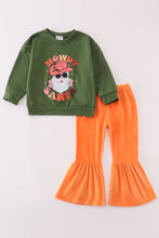 Load image into Gallery viewer, Green howdy santa print velvet bell girl pants set
