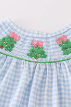 Load image into Gallery viewer, Blue christmas tree french knot smocked girl set
