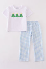 Load image into Gallery viewer, Blue christmas tree french knot smocked boy set
