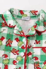 Load image into Gallery viewer, Green grinch print plaid ruffle boy pajamas set
